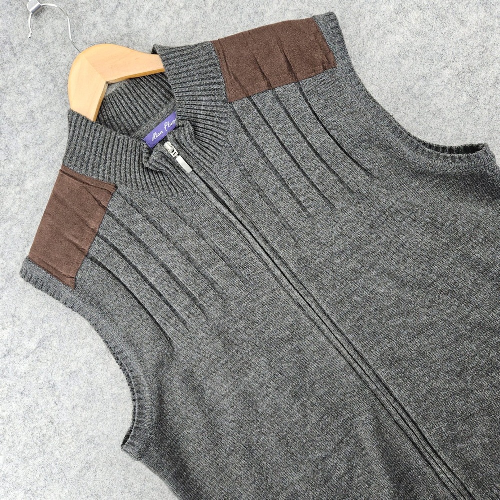 Alan Flusser Sweater Vest Men's Large Gray Full Zip Faux Suede Shoulder Patches
